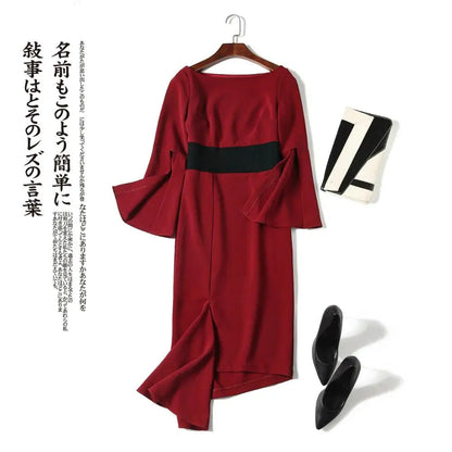 New irregular waist-tightening dresses red medium-length dress for solid slash neck flare sleevebanquet in 2023